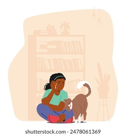 Sad Child Sitting On The Floor With A Comforting Pet Cat. Child Crying While The Cat Offers Companionship. Background Features A Home Setting With A Bookshelf And Plants. Cartoon Vector Illustration