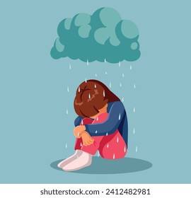 
Sad Child Sitting under a Rainy Depression Cloud Concept Illustration. Unhappy kid suffering feeling blue and lonely 
