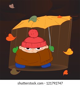 Sad child standing in the rain. Autumn illustration of sorrow.