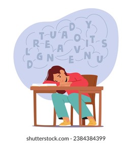 Sad Child Struggles With Their Homework, Burdened By Stress. The Weight Of The Task Casts A Shadow Over Their Young Shoulders, Tired Schoolboy with Tears Welling In Eyes. Cartoon Vector Illustration