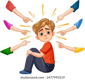 Sad child surrounded by pointing fingers