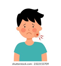 Sad child with swollen cheek in flat design on white background. Swollen gum.