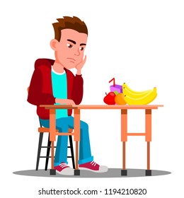 Sad Child At The Table With Food Refuses To Eat Vector. Isolated Illustration
