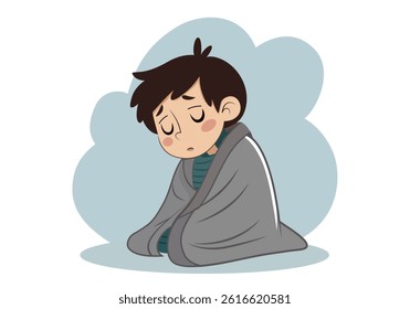 Sad Child Wrapped in Blanket