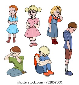 Sad children, kids. Boys and girls. Vector outlined illustration. Colored image, white background.
