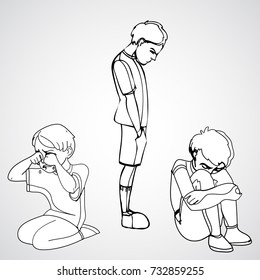 Sad children, kids. Boys. Vector outlined illustration. White image, gray background.