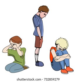 Sad children, kids. Boys. Vector outlined illustration. Colored image, white background.