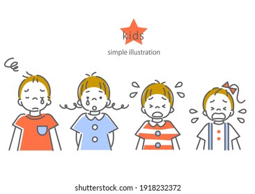 sad children set, simple line art illustration