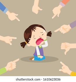 sad children wants to embrace.Sad girl sitting on floor surrounded by pointing hands mocking bully her