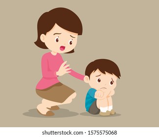 sad children wants to embrace.Mother Comforting Upset Elementary her son.Mom comforting sad boy feeling guilty.Illustration of a sad child, helpless, bullying.boy feeling guilty 