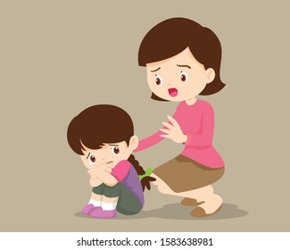 sad children wants to embrace.Mother Comforting Upset Elementary her daughter.Mom comforting sad girl feeling guilty.Illustration of a sad child, helpless, bullying.girl feeling guilty 