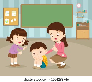 Sad Children Wants To Embrace.teacher Comforting Upset Elementary Her Child.teacher Comforting Sad Boy Feeling Guilty.sad Boy And Friend, Helpless, Bullying.boy Feeling Guilty In Classroom.