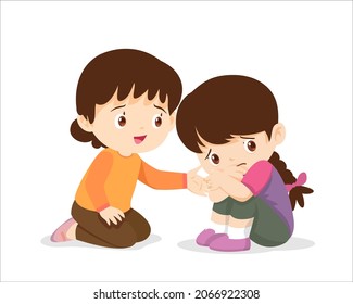 Sad children.Girl Comforting Her sadly Friend.Children Consoling sadly isolate background