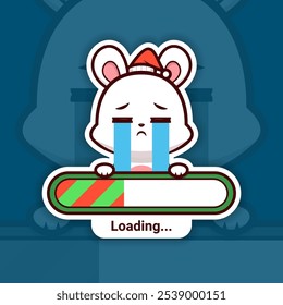 Sad Christmas Bunny Holding a Loading Bar, Cute Vector Sticker Design, the holidays are coming soon