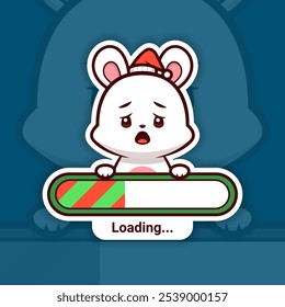Sad Christmas Bunny Holding a Loading Bar, Cute Vector Sticker Design, the holidays are coming soon