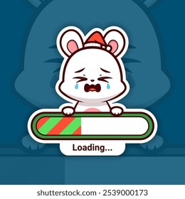 Sad Christmas Bunny Holding a Loading Bar, Cute Vector Sticker Design, the holidays are coming soon