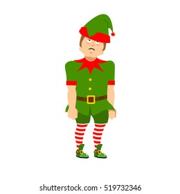 Sad Christmas Elf. sorrowful helper of Santa Claus. dull little man in green suit. XMAS character for new year
