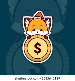 Sad Christmas Fox Holding Coin or Money Icon, Vector Sticker Design