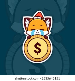 Sad Christmas Fox Holding Coin or Money Icon, Vector Sticker Design