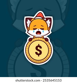 Sad Christmas Fox Holding Coin or Money Icon, Vector Sticker Design