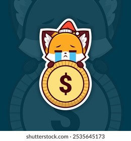 Sad Christmas Fox Holding Coin or Money Icon, Vector Sticker Design