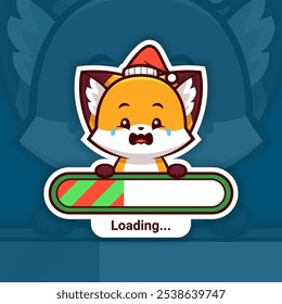 Sad Christmas Fox Holding a Loading Bar, Cute Vector Sticker Design, the holidays are coming soon