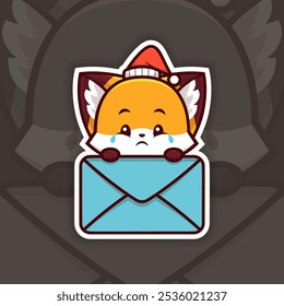Sad Christmas Fox Holding Mail Icon, Vector Sticker Design