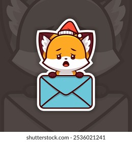 Sad Christmas Fox Holding Mail Icon, Vector Sticker Design