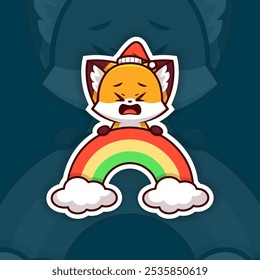 Sad Christmas Fox Holding Rainbow Icon, Vector Sticker Design