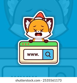 Sad Christmas Fox Holding a Web Search Icon Sticker Design Vector