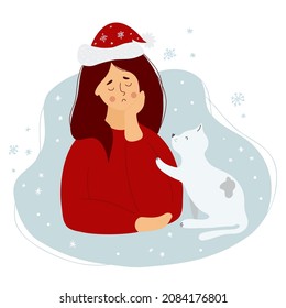 Sad Christmas. lonely girl in Santa Claus hat with cat. Vector illustration. Character for concept of sad holiday and loneliness