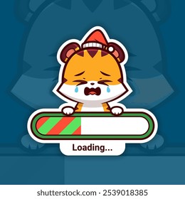 Sad Christmas Tiger Holding a Loading Bar, Cute Vector Sticker Design