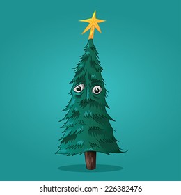 Sad Christmas Tree Character With Yellow  Star On Top