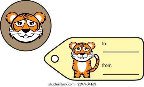 sad chubby tiger kid cartoon gift card sticker illustration in vector format