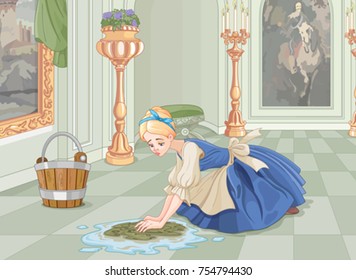 Sad Cinderella cleaning the floor with floor cloth 