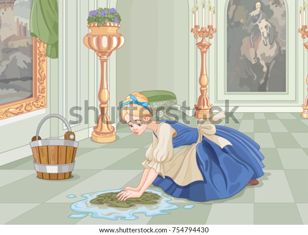 Sad Cinderella cleaning the floor with floor cloth. 