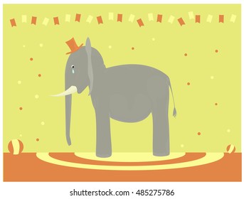Sad circus little elephant crying during performance. Vector  illustration.