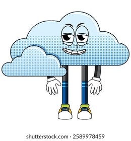 Sad cloud with arms and legs on a white background