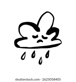 Um desenho de doodle de nuvem triste, ilustração de vetor de estilo de esboço de chuva, ícone, adesivo, linha preta em um fundo branco