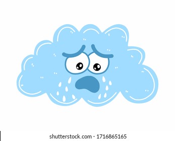 Sad cloud with eyes and tear drops. Cartoon face emotion. White background. Cute character. Funny adorable illustration. Flat design. Rain concept.