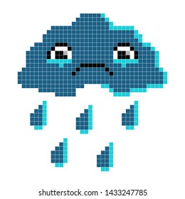 Sad cloud. Pixel art, cartoon vector illustration. Retro game style.