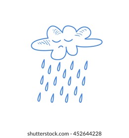Sad Cloud Pouring Rain Hand Drawn Childish Illustration In Funny Comic Style On White Background