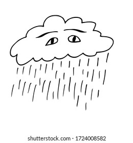 Sad cloud with rain. Cloud with sad eyes. Eyebrows frowned. Rain like tears. Doodle Black lines on a white background. Vector illustration