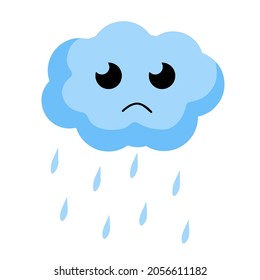 Sad cloud with rain. Kawaii character. Blue object of sky. Symbol of cloudy weather, water drop. Mascot of weather forecast. Flat cartoon