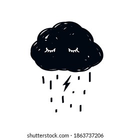 Sad cloud with rain lightning eyes tear eyelashes weather doodle logo icon sign ink emblem Hand drawn Cartoon children's style Fashion print clothes apparel greeting invitation card cover flyer poster