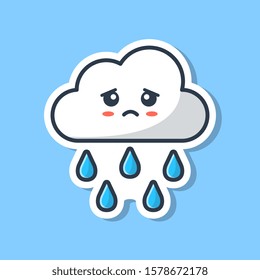 Sad Cloud And Rain Water Mascot Vector Icon Illustration. Kawaii Cloud Sticker, Weather Icon Concept White Isolated. Flat Cartoon Style Suitable for Web Landing Page, Banner, Sticker, Background
