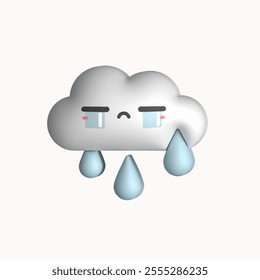 Sad Cloud with raindrops. Kawaii weather icon with face expression. Colorful funny character. Plasticine, modeling clay cartoon 3D style. Hand drawn modern Vector illustration. Isolated design element