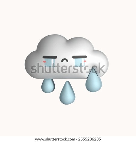Sad Cloud with raindrops. Kawaii weather icon with face expression. Colorful funny character. Plasticine, modeling clay cartoon 3D style. Hand drawn modern Vector illustration. Isolated design element
