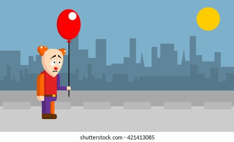 Sad clown in the city. Art flat (flat style) vector template.