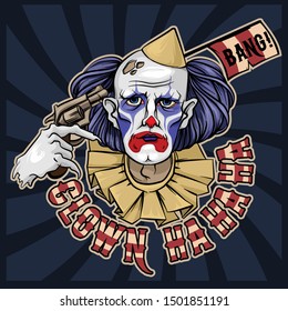 Sad Clown From Hell Circus Halloween Vector Illustration
